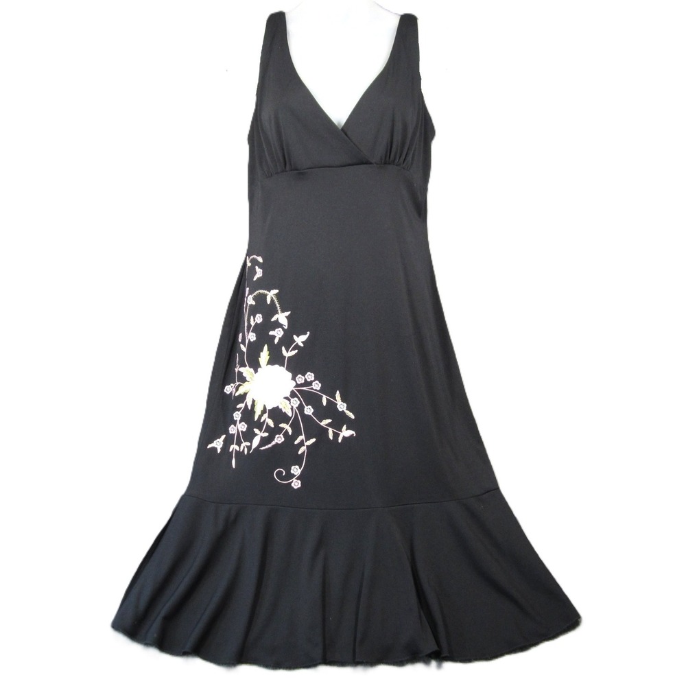 Vtg B‎ Smart Maxi Dress Women 11/12 Black Flower Embroidery Whimsigoth Y2K Fairy
